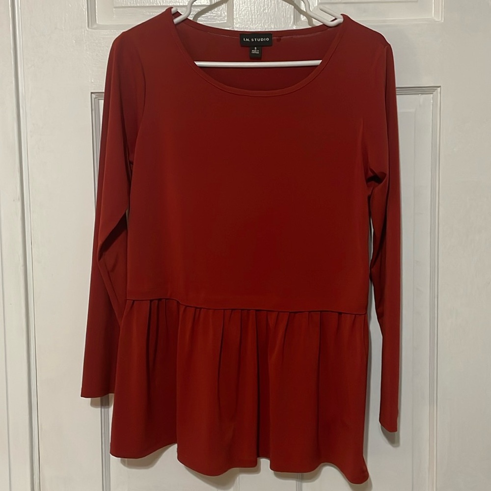 Dark Red Orange Long Sleeve Peplum Top Blouse